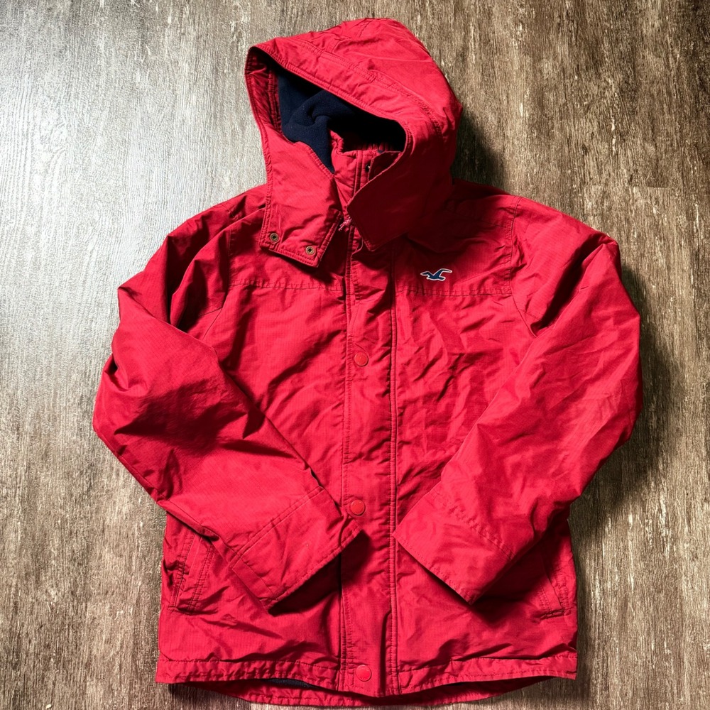 Hollister All-Weather Jacket Mens M Red Hooded Fleece Lined Ripstop Coat
